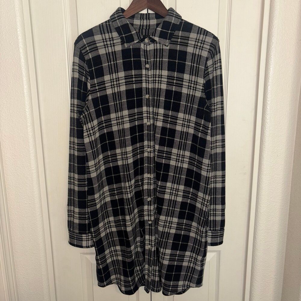 Kinsey Womens Large Black Checkered Shirt Dress Button Up Sweater Fleece